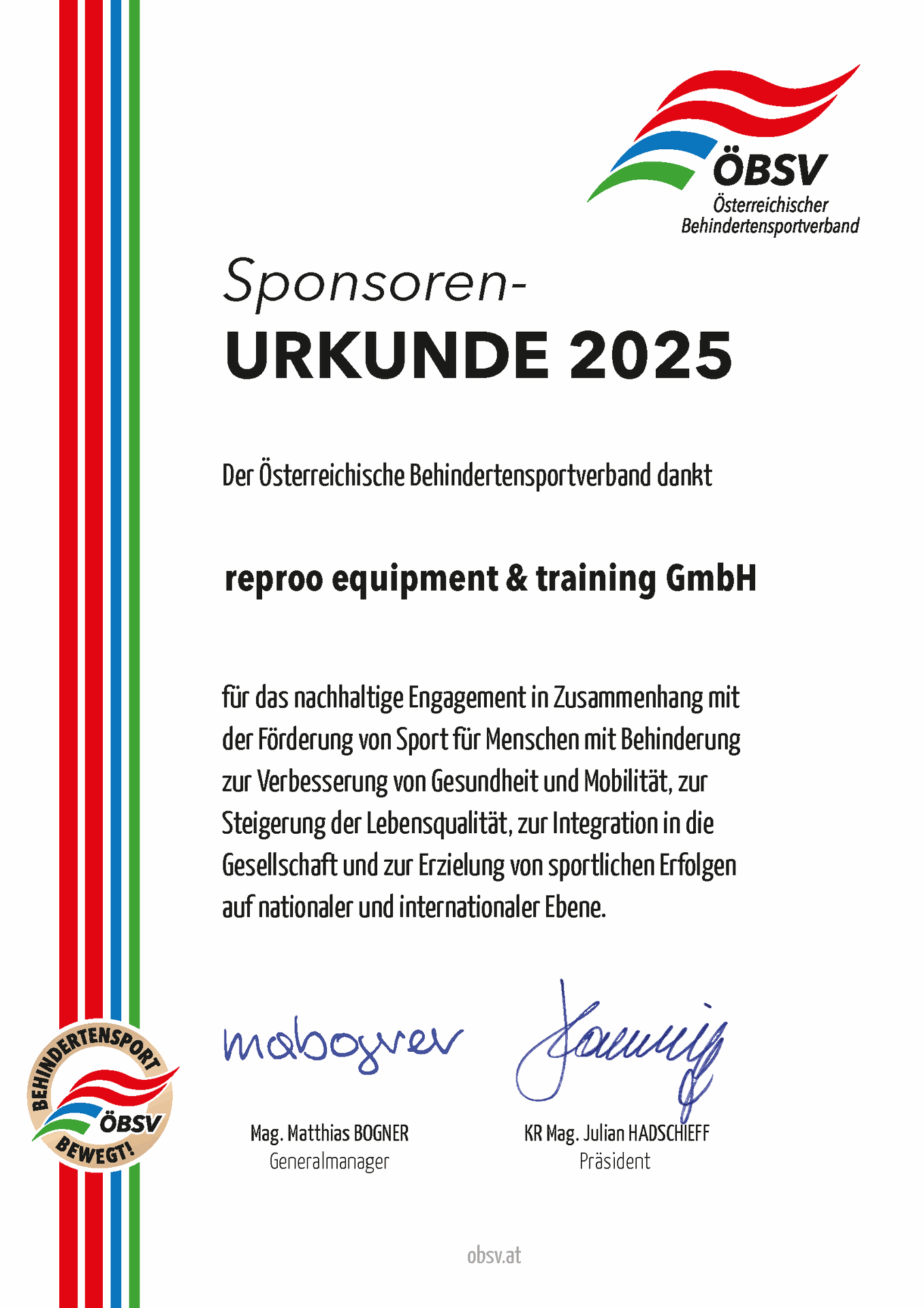 Urkunde OEBSV Sponsoring reproo equipment & training GmbH